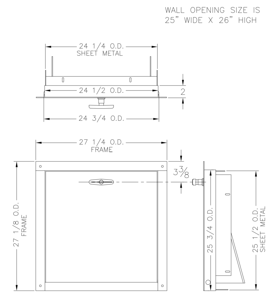 Dimensioned drawing of a 24 x 24 inch bottom hinged trash chute intake door showing the 27 1/4 by 27 1/8 inch frame, the 24 1/4 by 25 1/2 inch sheet metal opening, and a 25 by 26 inch wall opening