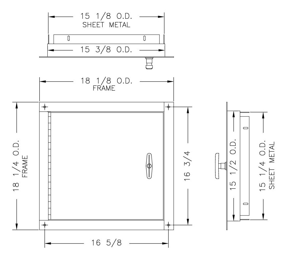 Dimensioned drawing of a 15 x 15 inch left hand side hinged chute intake door showing the 18 1/8 by 18 1/4 inch frame and the 15 1/8 by 15 1/4 inch sheet metal opening