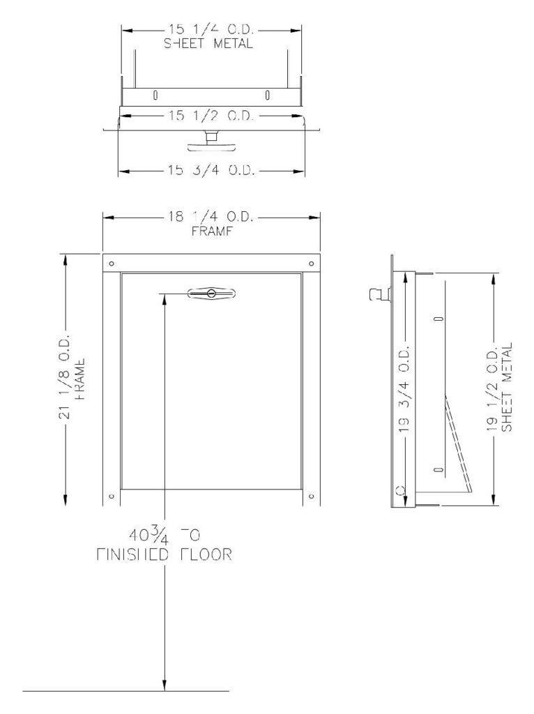 Dimensioned drawing of a 15 x 18 inch bottom hinged trash chute intake door showing the 18 1/4 by 21 1/8 inch O.D. frame, the 15 1/4 by 19 1/2 inch O.D. sheet metal, and 40 3/4 inches to finished floor