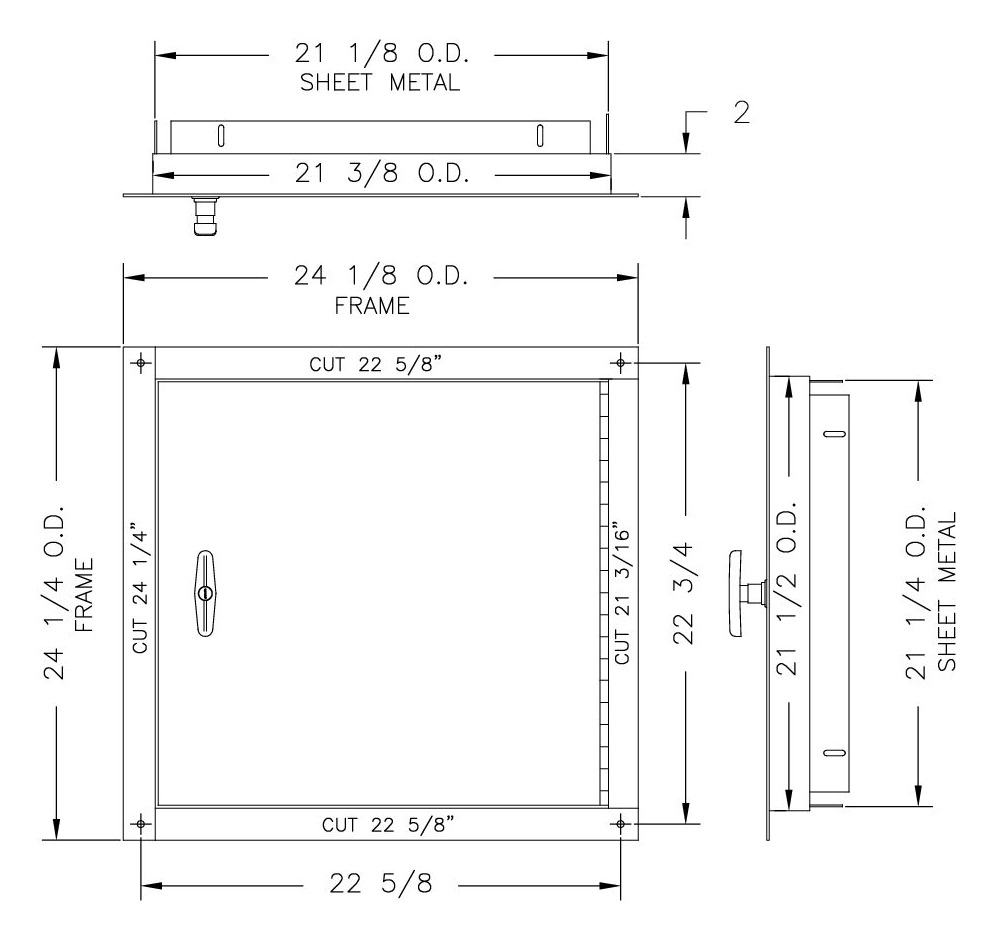 Dimensioned drawing of a 21 x 21 inch right hand side hinged chute intake door showing the 24 1/8 by 24 1/4 inch frame, the 22 5/8 inch cut dimension, and the 21 1/8 by 21 1/4 inch sheet metal opening