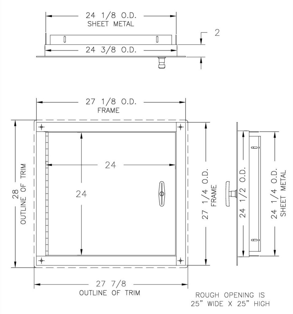 Dimensioned drawing of a 24 x 24 inch left hand side hinged chute intake door showing the 27 1/8 by 27 1/4 inch frame, the 27 7/8 by 28 inch trim outline, the 24 1/8 by 24 1/4 inch sheet metal opening, and a 25 by 25 inch rough opening