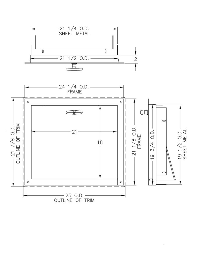 Dimensioned drawing of a 21 x 18 inch bottom hinged trash chute intake door showing the 24 1/4 by 21 1/8 inch frame, the 25 by 21 7/8 inch trim outline, and the 21 1/4 by 19 1/2 inch sheet metal opening